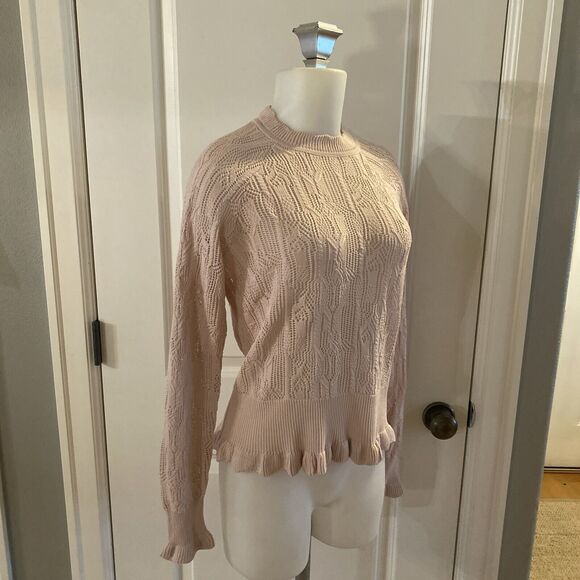 Joie Blush Pink Joie "Caire" Crochet Open Knit Pullover Ruffle Sweater- Size M - Picture 5 of 16